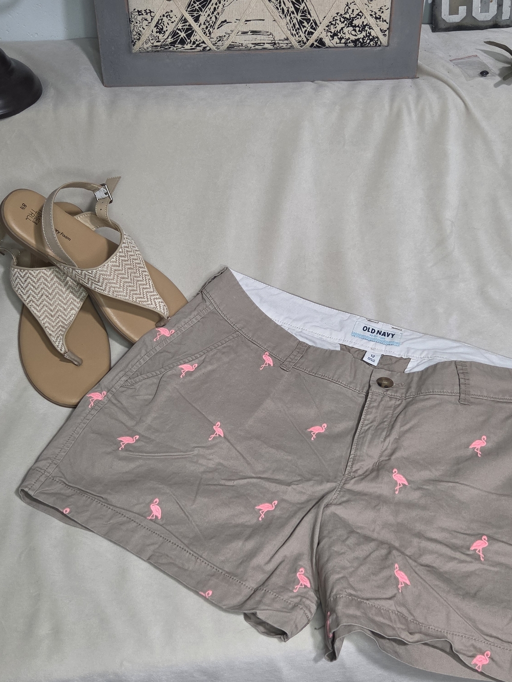 Old Navy Khaki Shorts with Pink Flamingo Embroidery